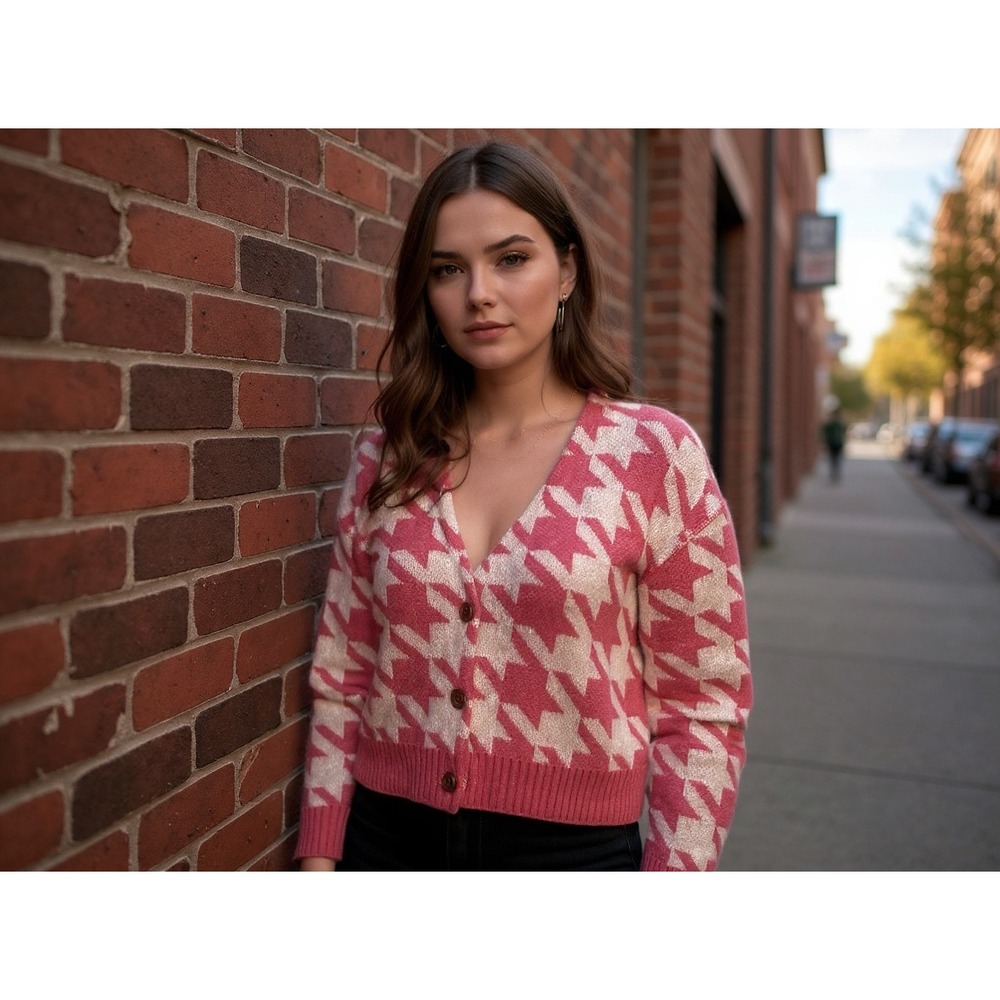 The Ragged Priest‎ Houndstooth Pink Cropped Cardigan Sweater Sz S Fuzzy cottage